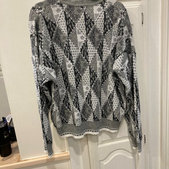 VTG Grandpa Sweater Cardigan Made in Italy Size Large Black White Gray Geometric - Picture 7 of 13